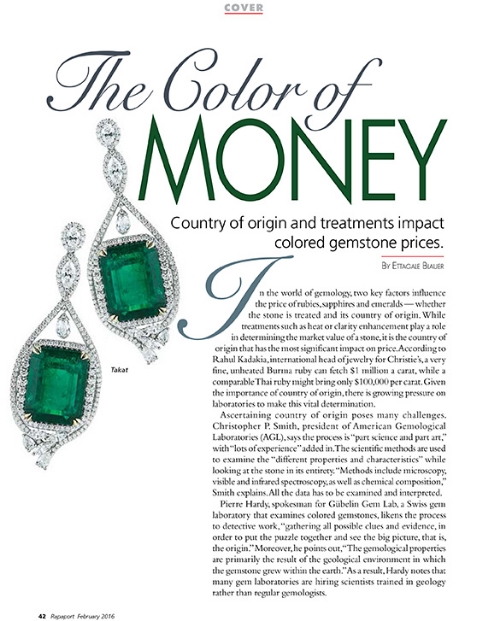 AGL and Christopher Smith were represented in the February 2016 issue of Rapaport with an article about the impact that country of origin and treatment has on colored gemstone prices. Please click here to download the article.