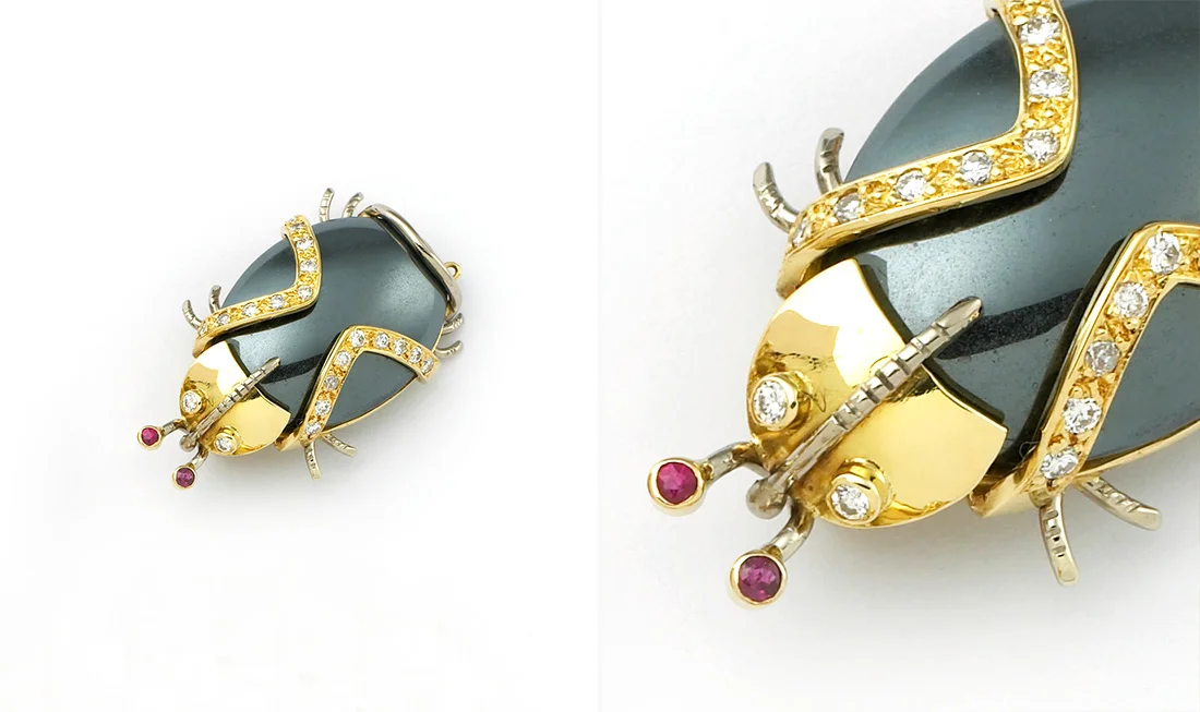 Hematite, Diamond & Ruby Beetle Brooch