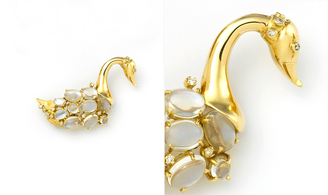 Moonstone & Diamond Swan Brooch