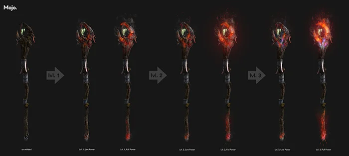 A sample of the Druid's staff with fire augmentation for three levels, both depleted and with full mana.