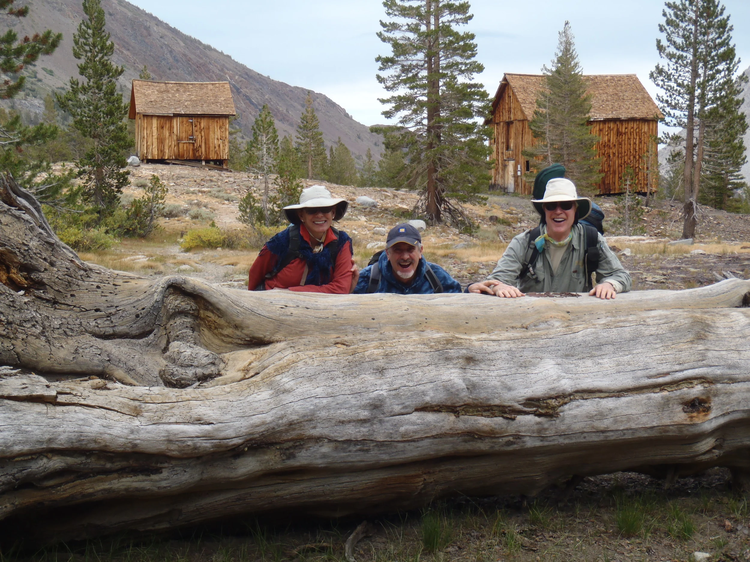  There is a great log for a lunch table at&nbsp;Bennettville, above the Tioga Junction Campground, Hoover Wilderness, Inyo National Forest (L to R: Bonnie, Randy &amp; Michael) 