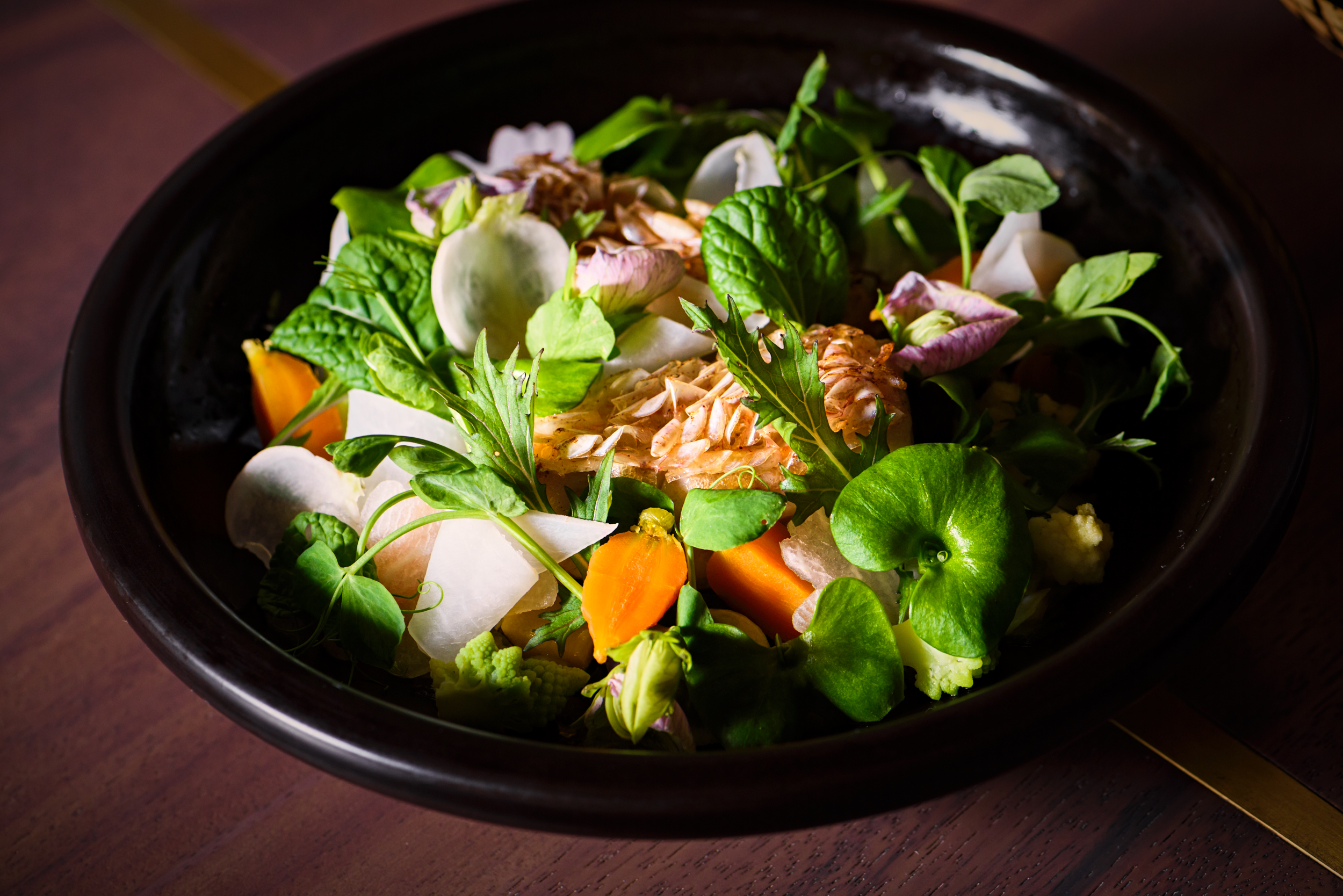 Food - Plated Vegetables and Fish at Single Thread Farm Restaurant, Healdsburg
