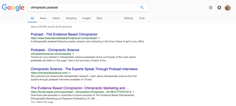 (yep, The Evidence Based Chiropractor has 2 of the top 4 search results for “chiropractic podcast”)