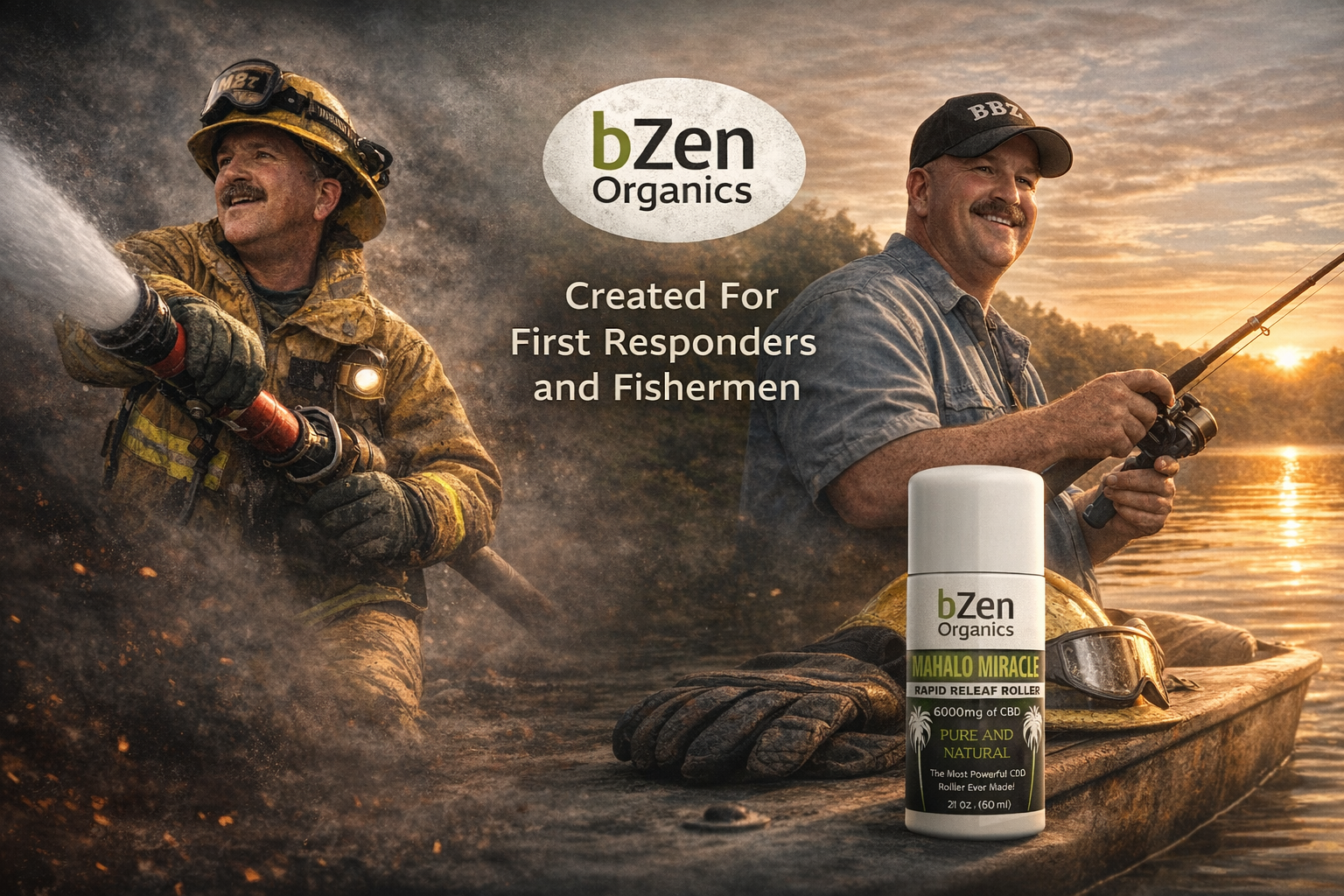 Two men in water at sunset, one dressed as a firefighter and the other as a fisherman, with a CBD product in the foreground that reads 'bZen Organics Mahalo Miracle Rapid Releaf Roller, 600mg of CBD, Pure and Natural, 2 fl oz (60 ml).'