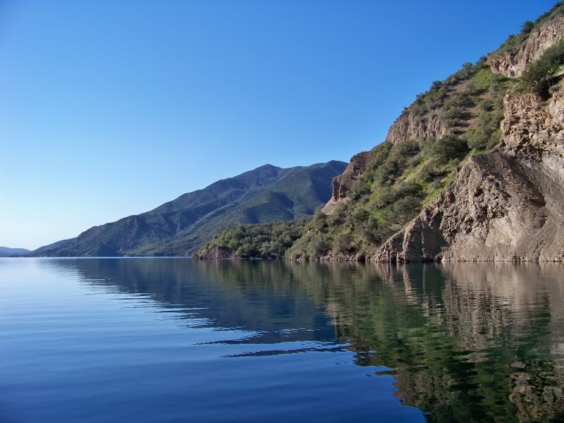 This deep canyon reservoir is upstream from Castaic; the two lakes exchange water to generate hydroelectric power.