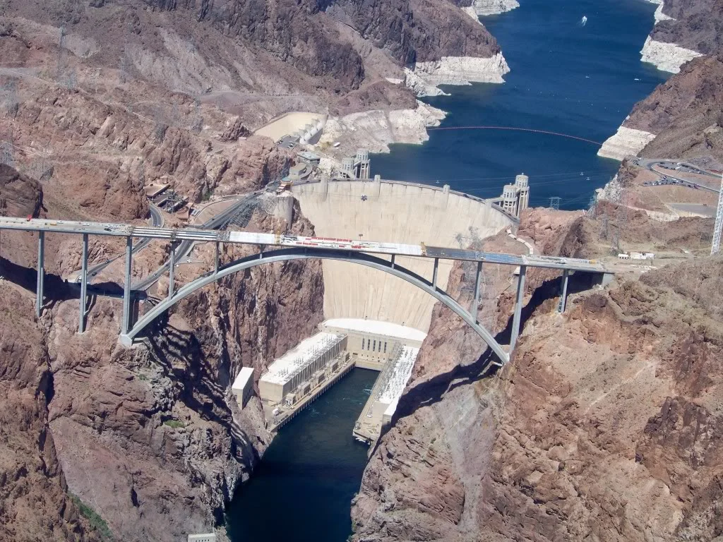 New bridge construction spanning the Colorado River below the Hoover Dam on Highway U.S. 93, Black Canyon Lake Mead above the dam.