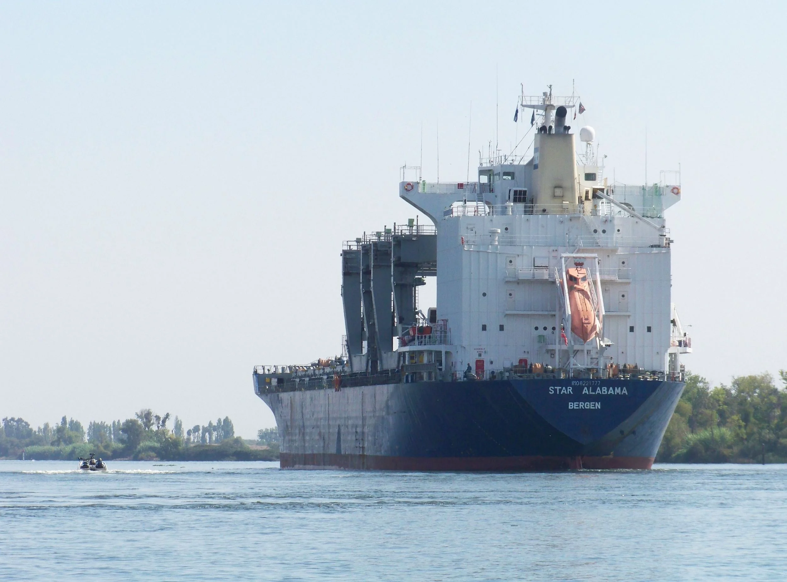 Large vessel on the San Joaquin River heading to Stockton