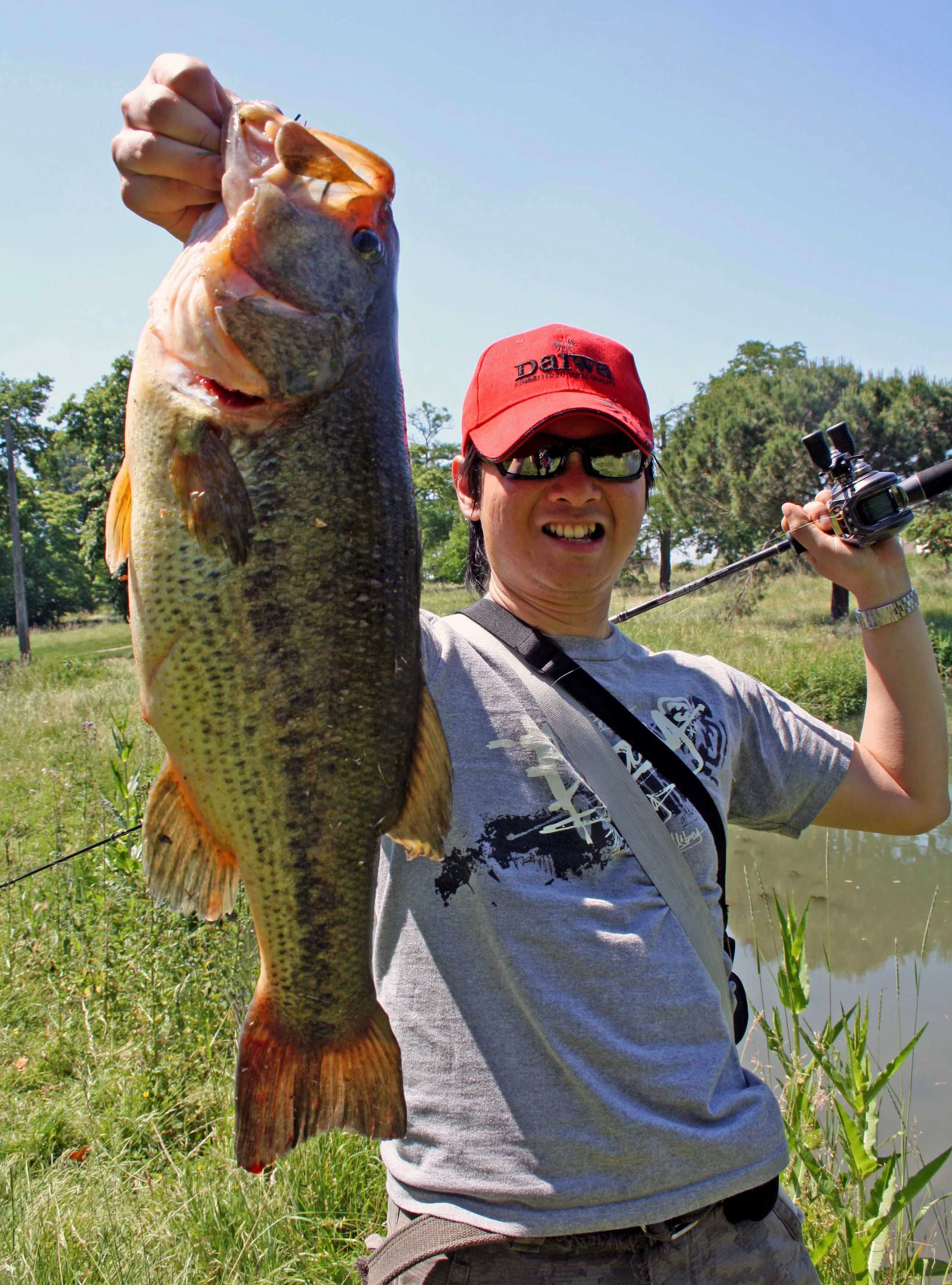 At the right vantage point, you won’t have problems spotting this fish in muddy water. I caught this lunker on a North Star Custom Bait 3/8oz football head jig with 4” Yo-Mama Craw trailer.