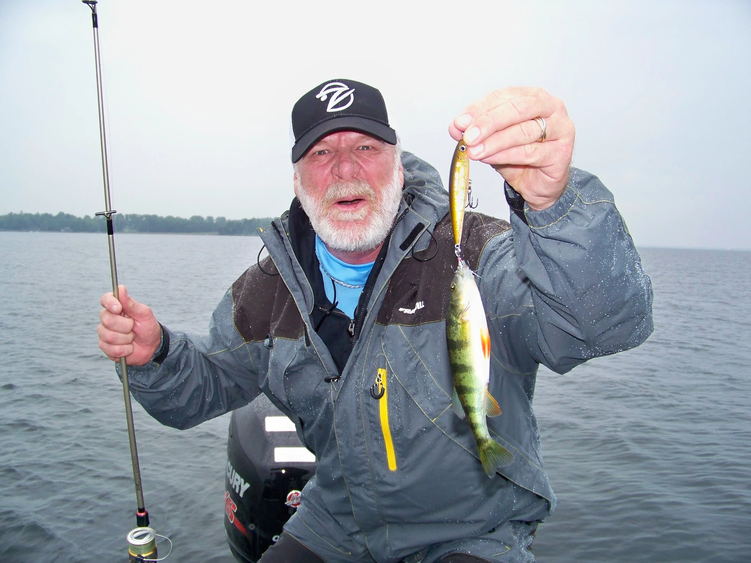A monster Perch hits a jerk bait while working the water column over a submerged island.