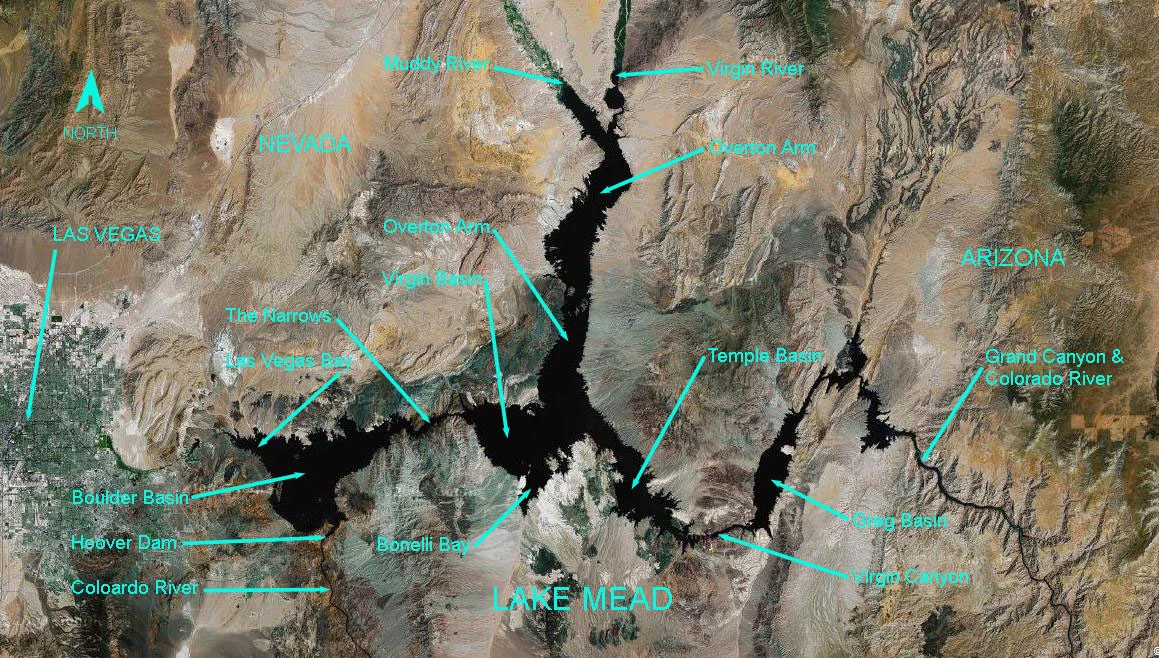 At full pool Lake Mead is 112 miles long, and has 759 miles of shoreline. 