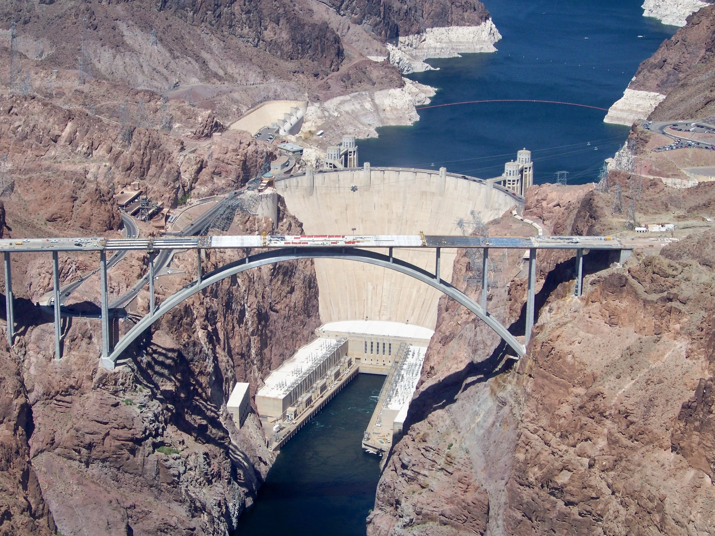 The Hoover Dam and bridge construction on route U.S. 93 spanning from Arizona on right to Nevada on the left. 