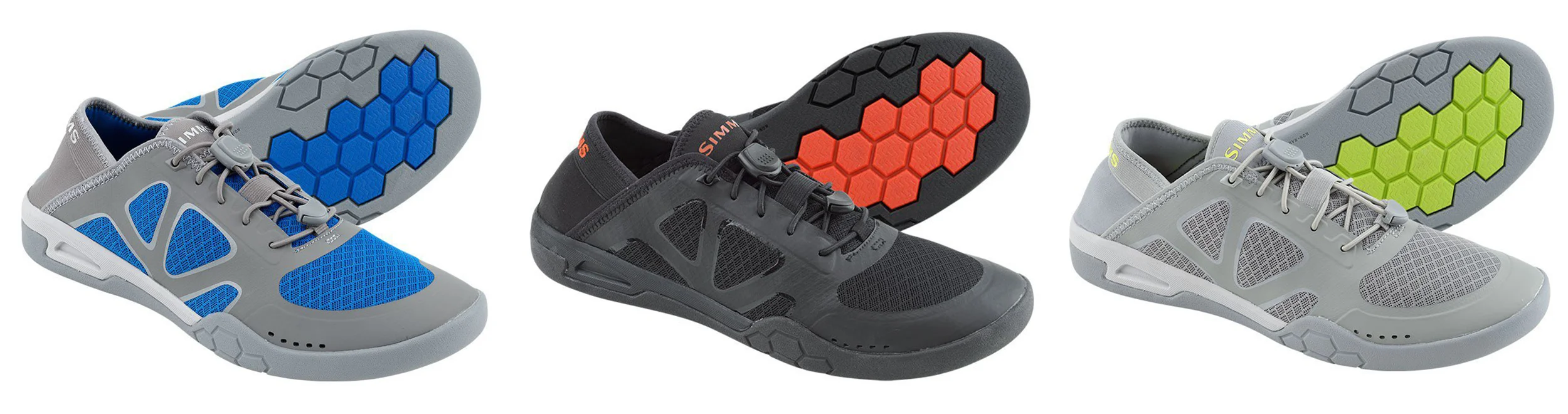 Simms Currents Shoe, available in three colors, sizes 7 to 14 whole/half sizes, D width. Approximate pair weight (size 11): 20.8 ounces