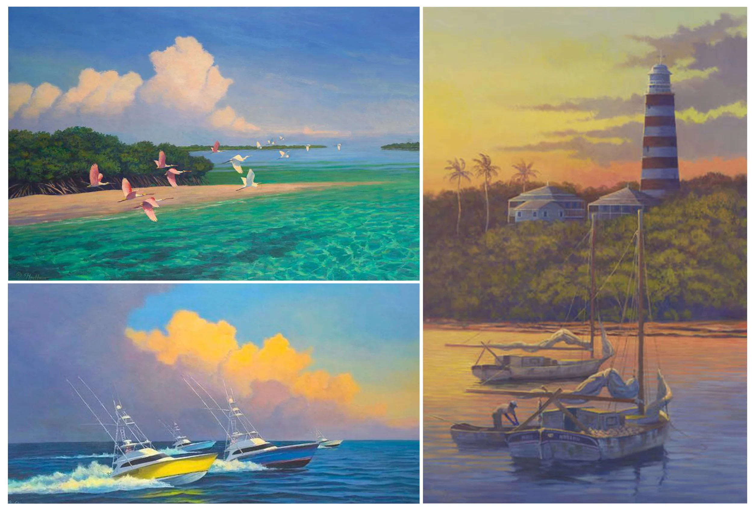 Top left to clockwise; “ Across the Bar”, “At Anchor” – Smack Boats anchored up off Hopetown Bahamas circa 1960, “Neck and Neck” – Race from the Edge at Custom Shootout Tournament Boat Harbor Bahamas