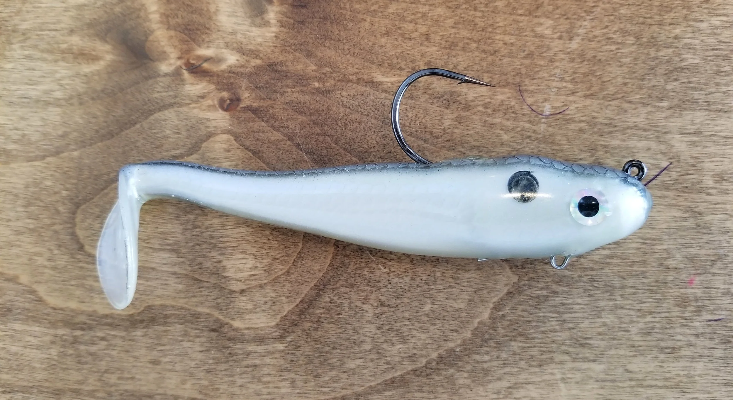 A 6-inch Basstrix Paddle Tail Tube Swimbait with a Blade-Runner Hollow Swimbait Insert in position.