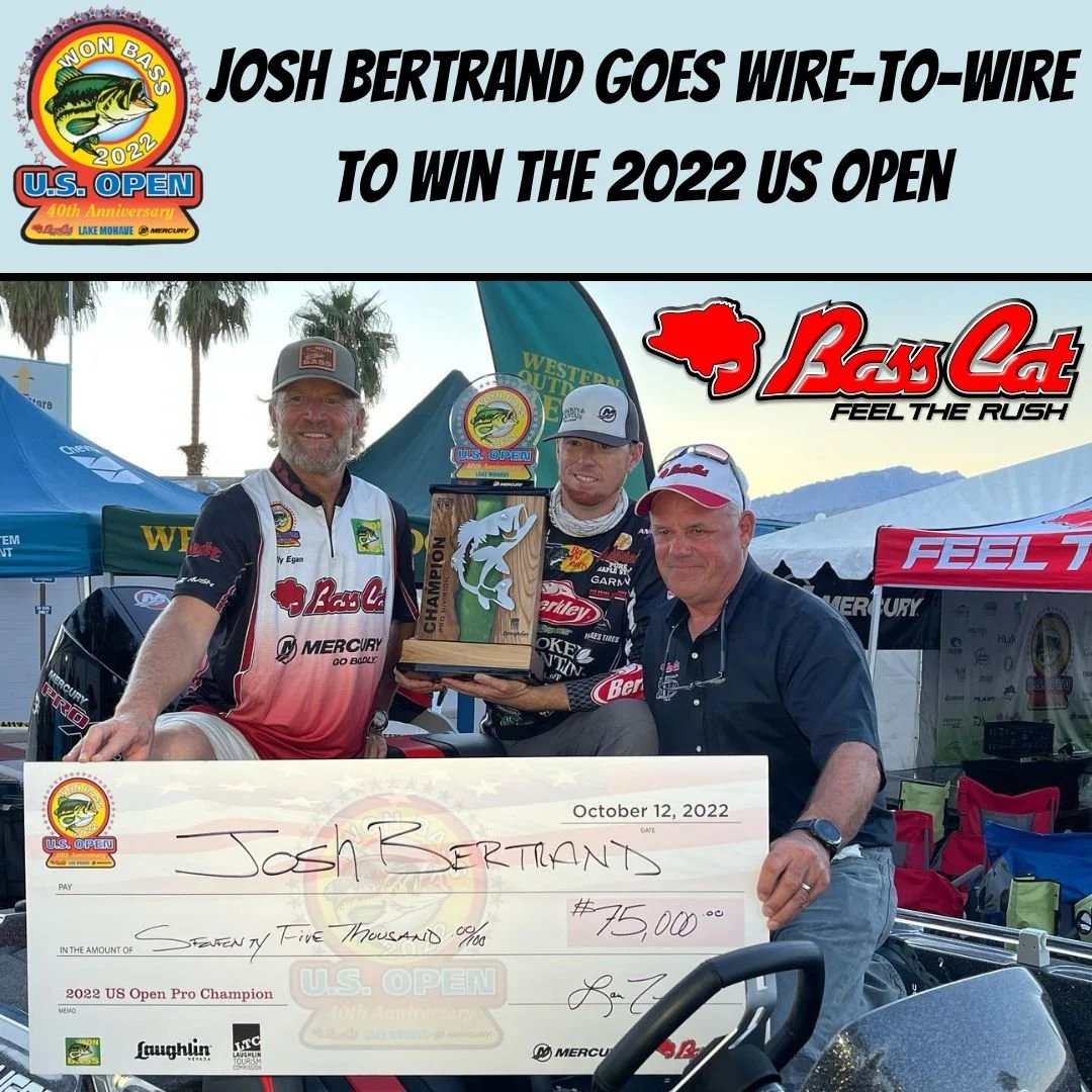 Josh Bertrand pulls it off! Staying atop the 2022 leaderboard all three days and winning the Bass Cat Boats Cougar FTD with a Mercury Marine 250HP…and $75,000 cash!!!