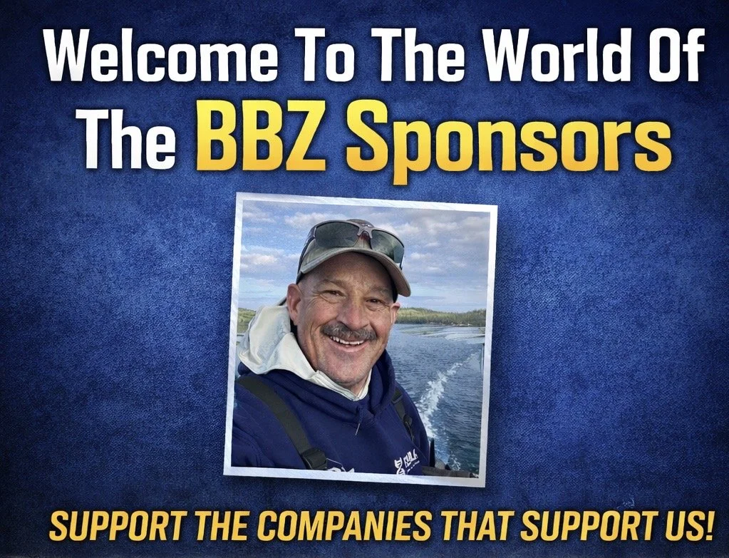 A promotional sign welcoming people to the world of BBZ sponsors, featuring a smiling man in outdoor clothing with a hat and sunglasses, standing near water with a boat trail behind him, and encouraging support for supportive companies.