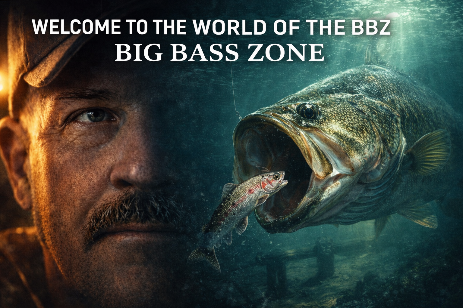 Close-up of a man with a beard and a cap, fishing in a water body with a large fish, likely a bass, surfacing to catch a smaller fish in its mouth, during daytime.