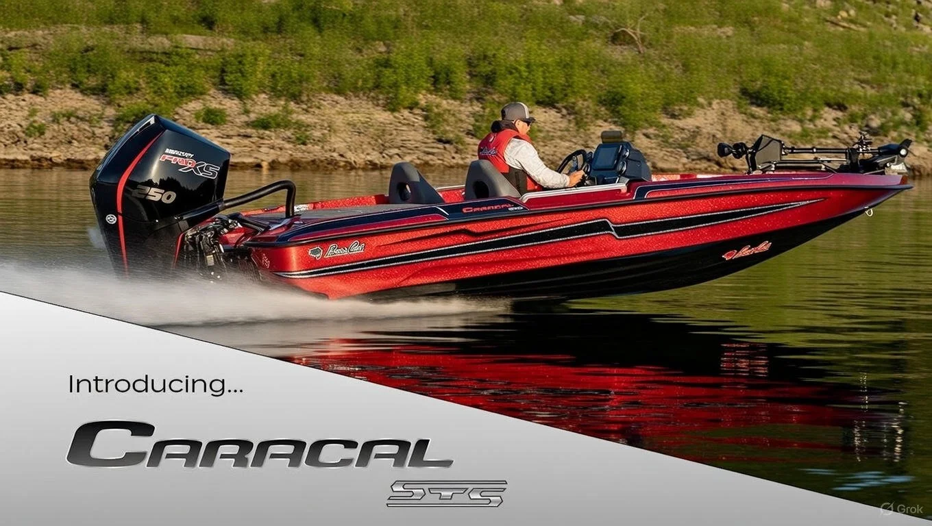 Red and black bass boat speeding on a lake with a person at the helm, surrounded by green hills and water