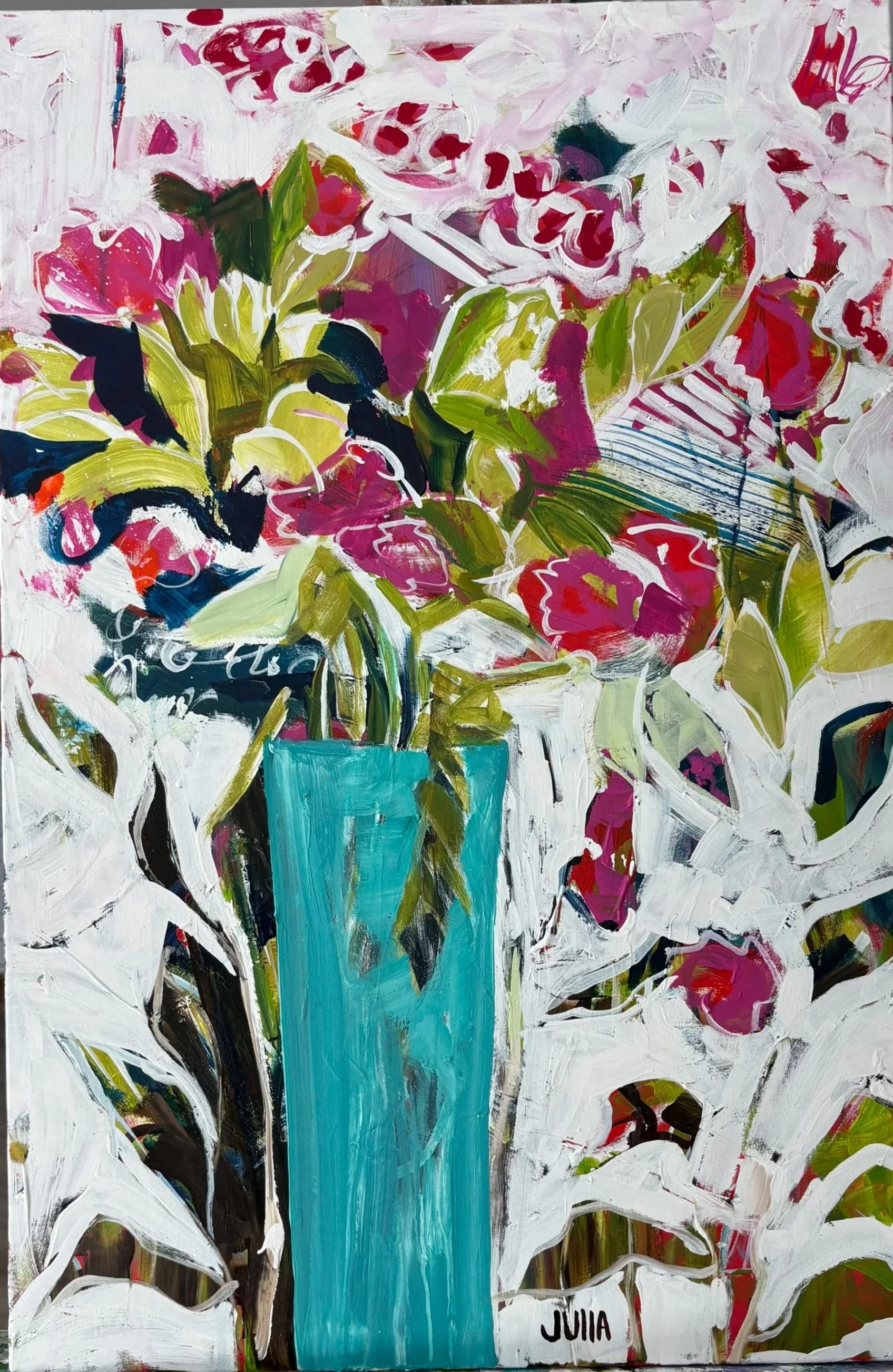 "TEAL VASE WITH RED HOTS"   24x36