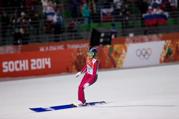 Sarah Hendrickson after jumping the first round in the normal hill event.