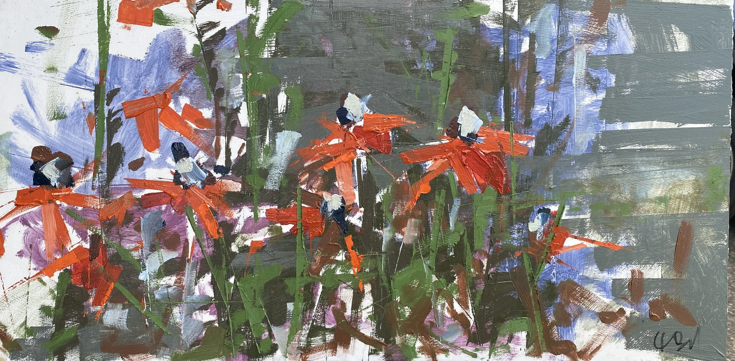 Our hydrangeas, our cone flowers (12x23 oil/panel)