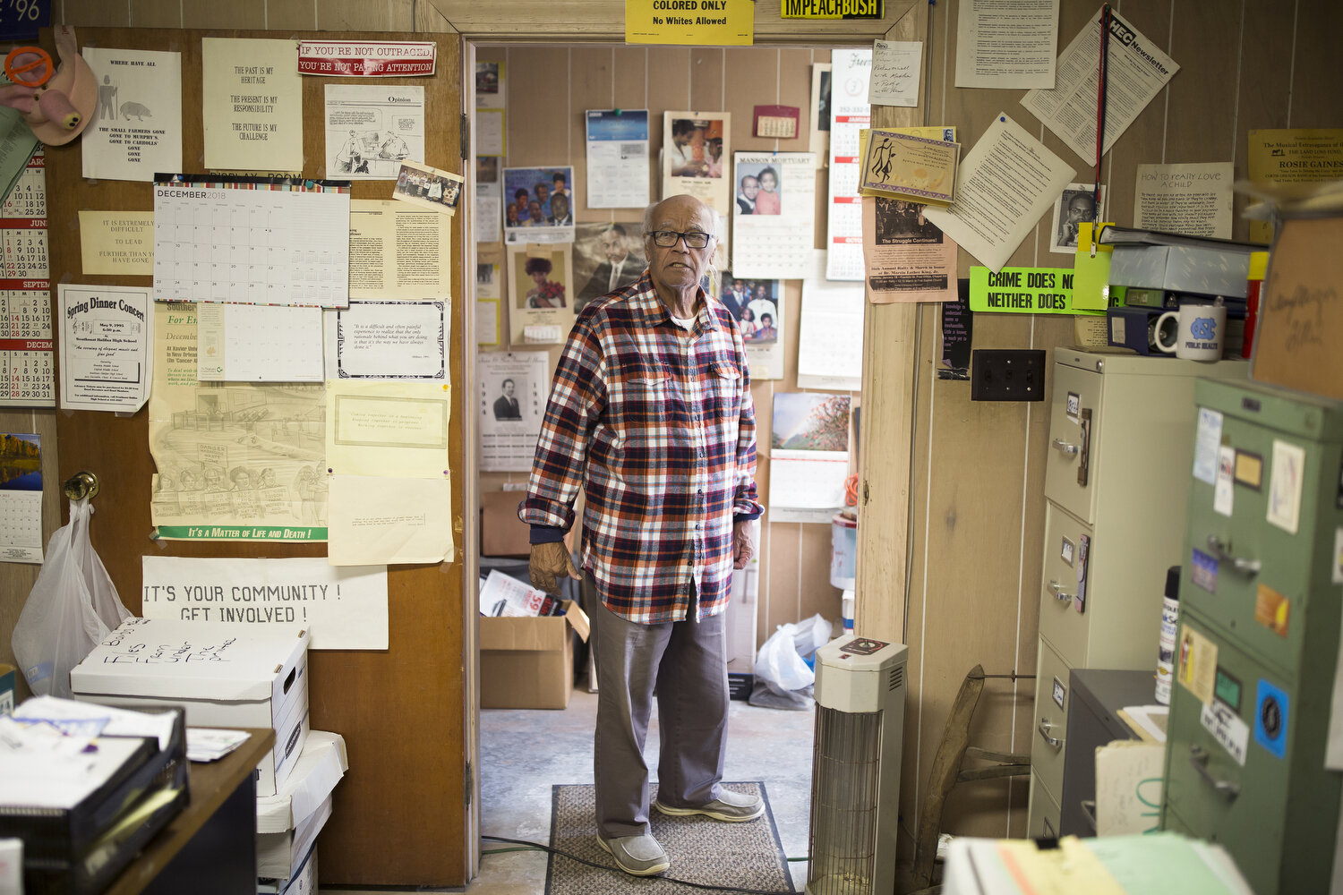  Gary Grant stands in the offices of the Concerned Citizens of Tillery in North Carolina. Grant led the community, which was originally made up largely of relocated Black farmers, in civil rights and social justice advocacy. 