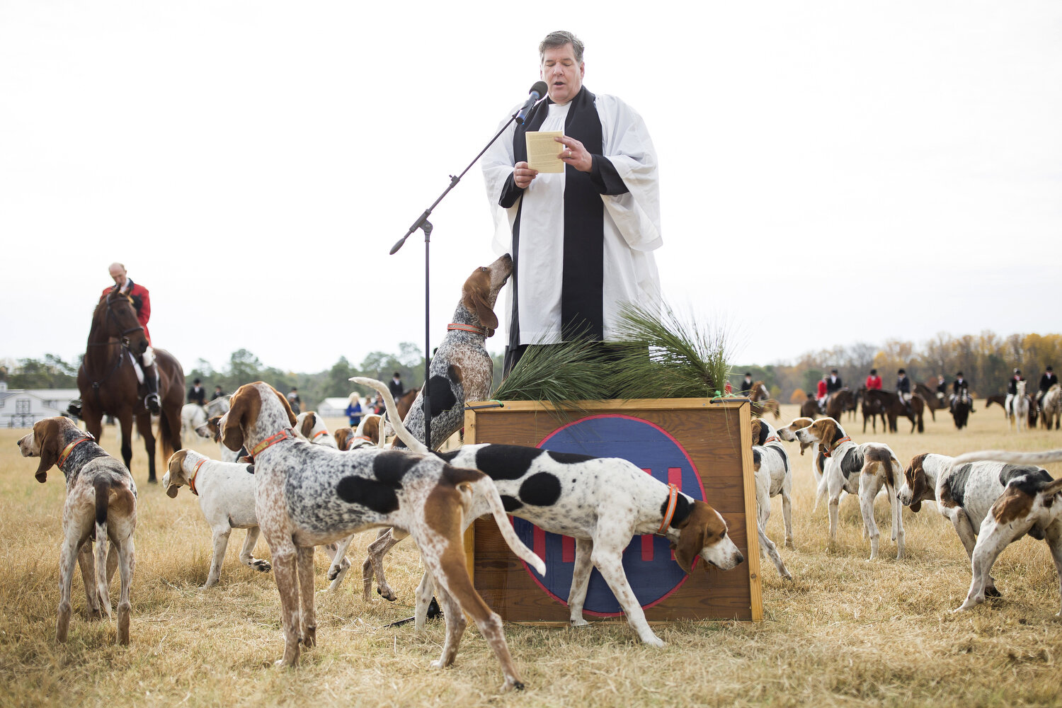  The blessing of the hounds takes place on the opening day of fox hunting season. The hounds are blessed in accordance with a tradition dating back to medieval days when St. Hubert, the patron saint of hunters, was thought to keep the hounds safe. 