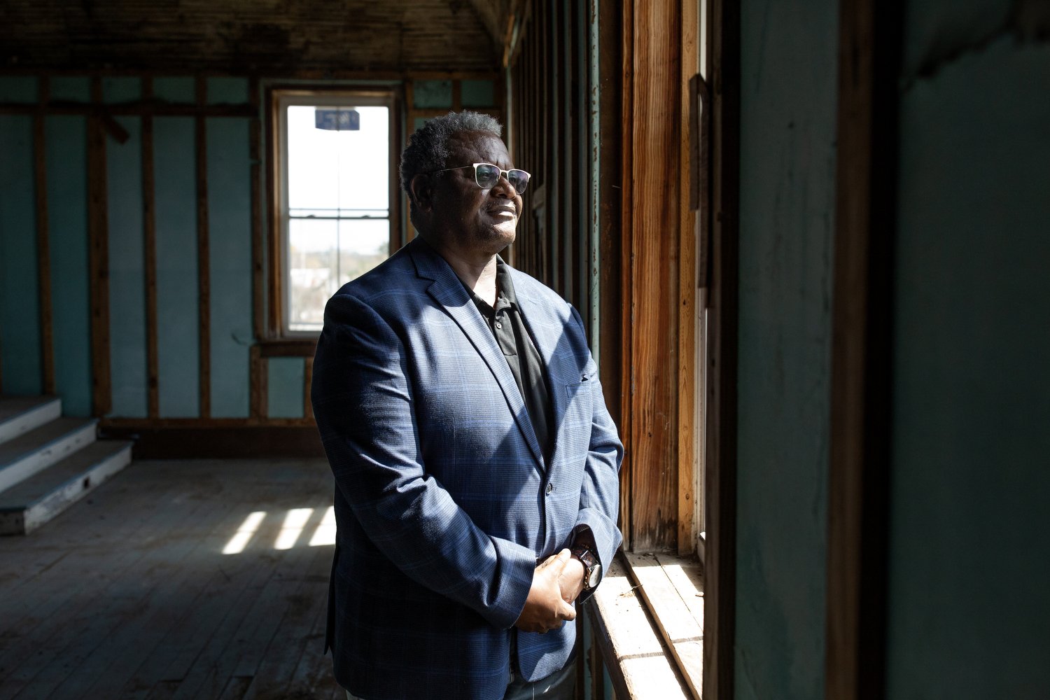  Terry Jackson, a board member of the Giblem Lodge, stands on the third of the historic building as restoration and preservation is underway. Giblem Lodge, which was built it 1871, is the second-oldest Black Masonic Temple in the state.  For Wilmingt