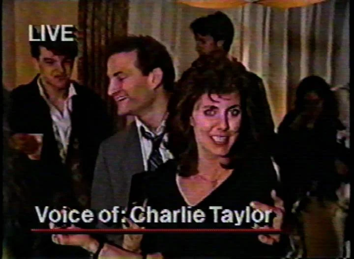 "Charlie Taylor" at the famous lottery hoax party, 1990. Image from WNYW/New York.
