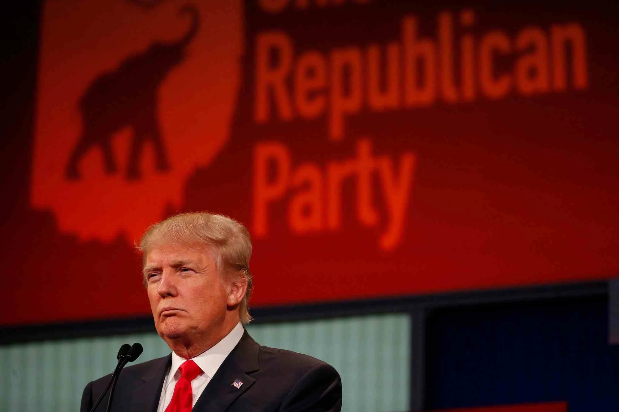 Donald Trump's famous pout on display at the first Republican presidential debate. Courtesy Reuters via The Daily Beast .