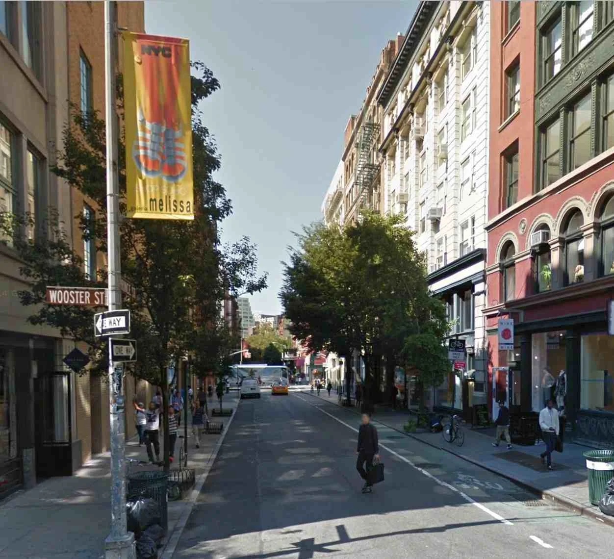 Prince Street at the corner of Wooster Street in SoHo, as it appears today. Image from Google Maps.