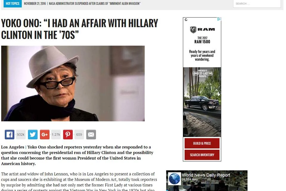 Fake news (the item about Yoko Ono and Hillary Clinton is a complete fabrication) appearing alongside an ad from a major automobile manufacturer. Illustration from The Wall Street Journal . 