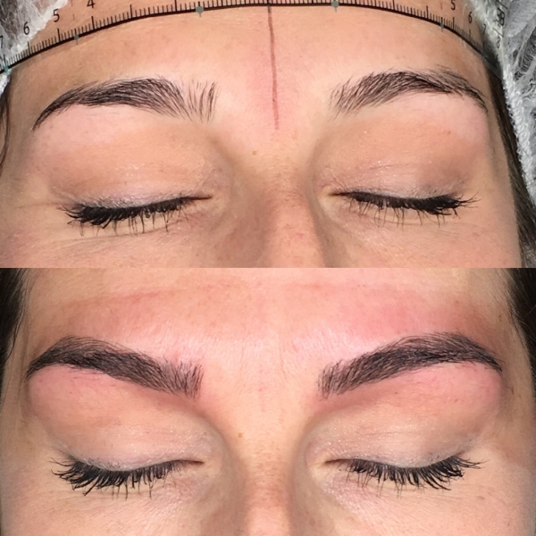 Before and after microblading on my client with an Everlasting Brows 11 point needle tip