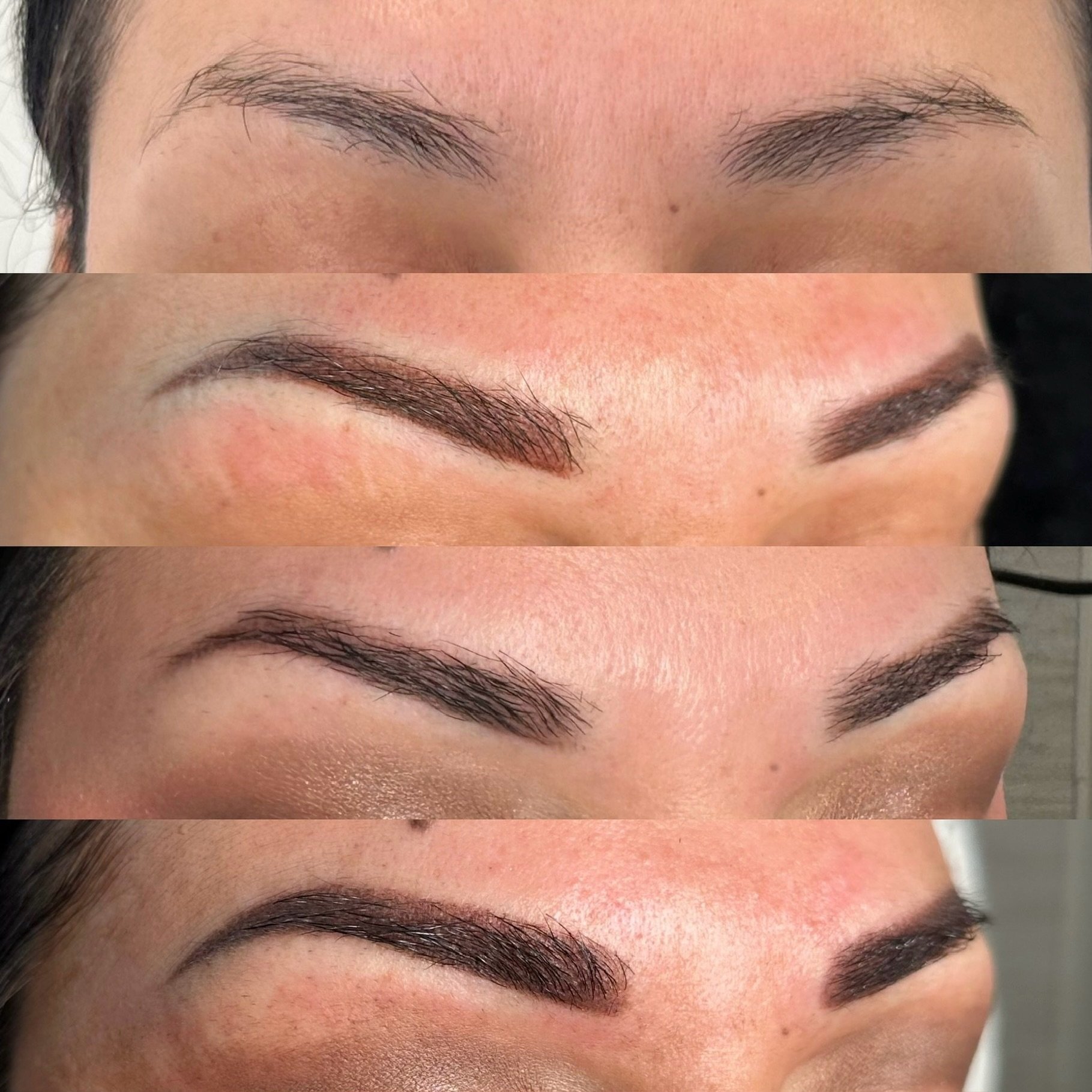 TOP - no permanent makeup SECOND - fresh powder brows on the first appointment THIRD - healed result after 6 weeks LAST - after touch up &hellip; thicker and darker due to client&rsquo;s request. DM me if you want to change your life with permanent m