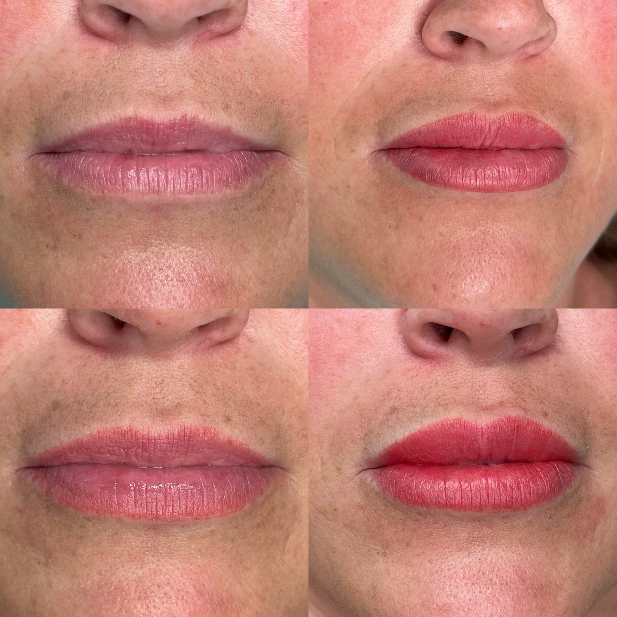 Lip blush through each phase of the appointment process! First pic is no color, second is after the first appointment, third is healed after 6 weeks, and last is after the touchup. The inspiration color for this is poppy and watermelon pink. We went 