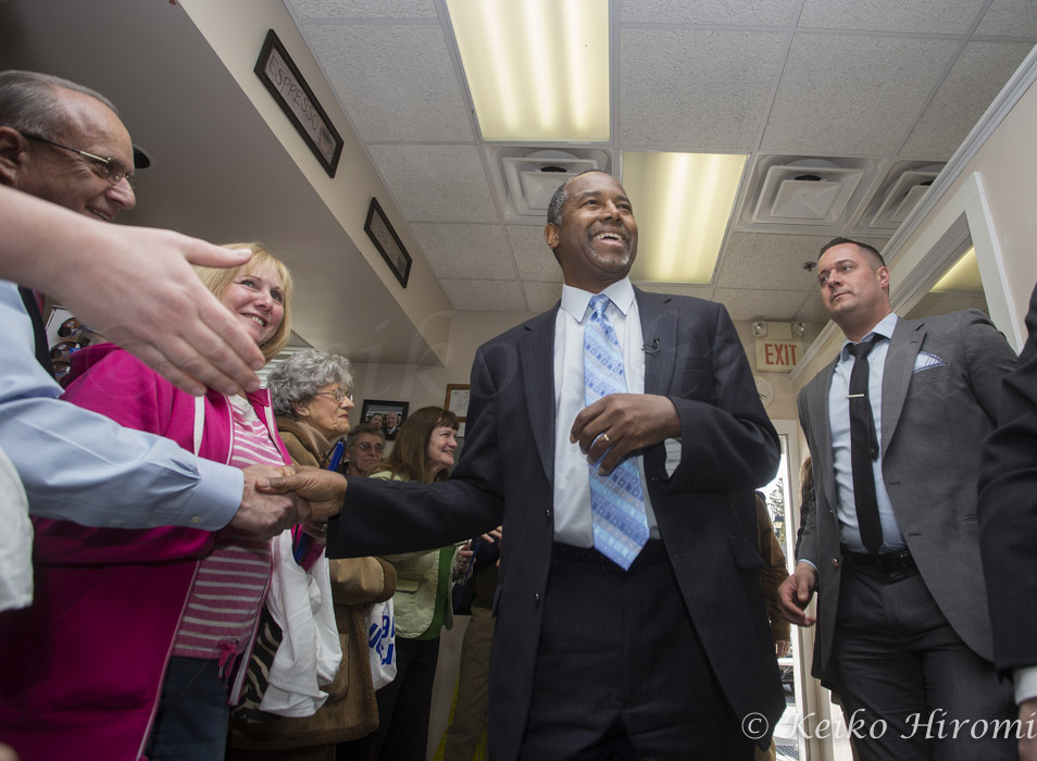 April 6, 2015 - Hollis, New Hampshire, United States: Dr. Ben Carson campaigns at Hollis Pharmacy. Carson is a columnist and retired neurosurgeon redited with being the first surgeon to successfully separate conjoined twins joined at the head. In 2008, he was awarded the Presidential Medal of Freedom by President George W. Bush. After delivering a widely publicized speech at the 2013 National Prayer Breakfast, he became a popular figure in conservative media for his views on social issues and the federal government. He is a presumed Republican presidential candidate in 2016.