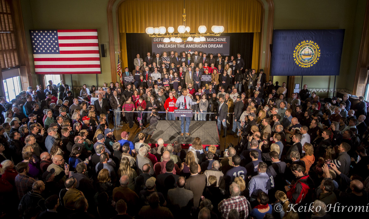 April 8, 2015 - Milford, New Hampshire, United States: Republican Presidential candidate, Senator Rand Paul (R-KY) talks at the historic town hall in the 'Live Free or Die' state. Paul announced his candidacy on April 7 in Kentucky. In recent New Hampshire primary polls, Paul has placed third among likely Republican voters behind former governor Jeb Bush of Florida and Governor Scott Walker of Wisconsin. But on the ground, Paul inherits some of the grassroots network from his father’s past two presidential campaigns, giving him a head start over his rivals.