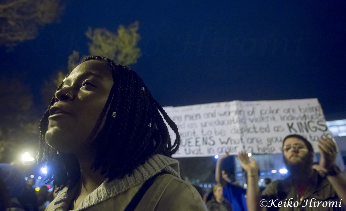 April 29, 2015: Dudley Park, Boston, MA USA: Black Lives Matter " Justice for Freddie Grey" protester at Dudley Park in Boston, MA. Protesters marched against police violence in cities from New York to Boston on April 29, 2015, as troops stood by in Baltimore to enforce a curfew imposed after civil unrest over the death of a 25-year-old black man Freddie Gray. 