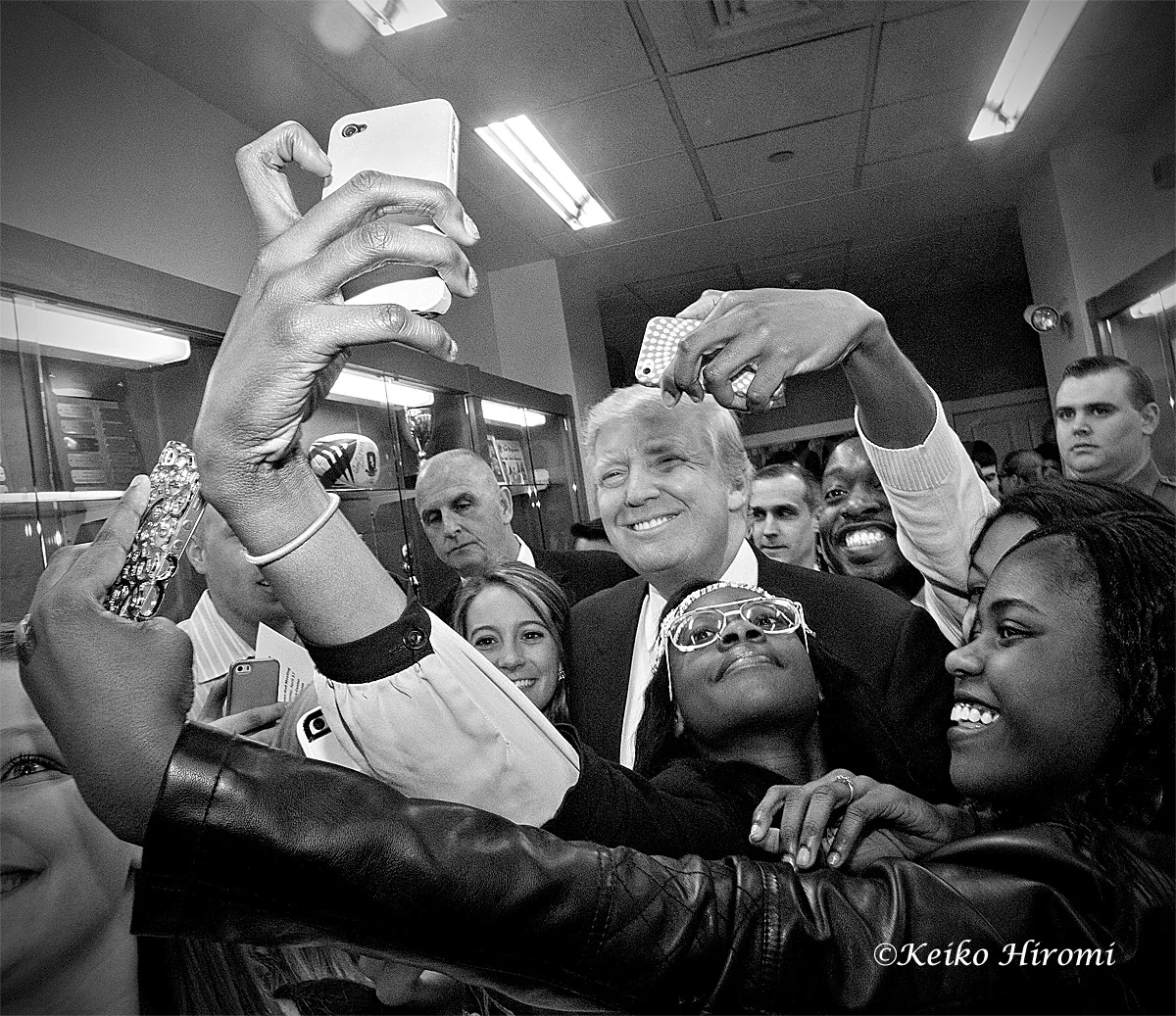 April 27, 2015: New England College, Henniker, NH: Presidential Hopeful and American business man Donald Trump taking a selfie with students at New England College, Henniker, NH.