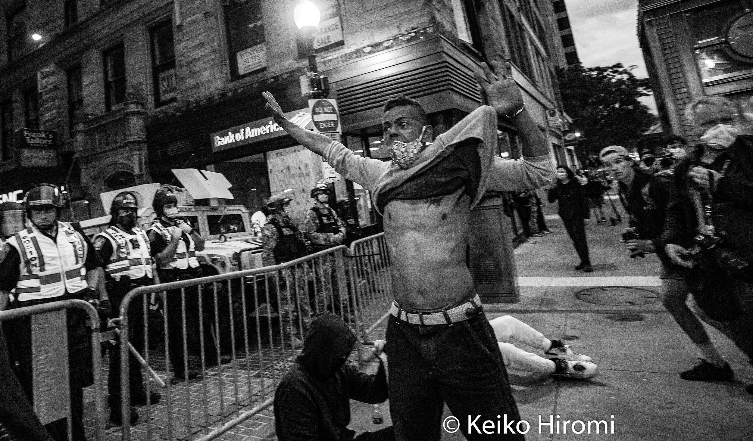  June 7, 2020, Boston, Massachusetts, USA: A protester protest blockage of street during a rally in response to deaths of George Floyd and against police brutality and racism  in Boston. 