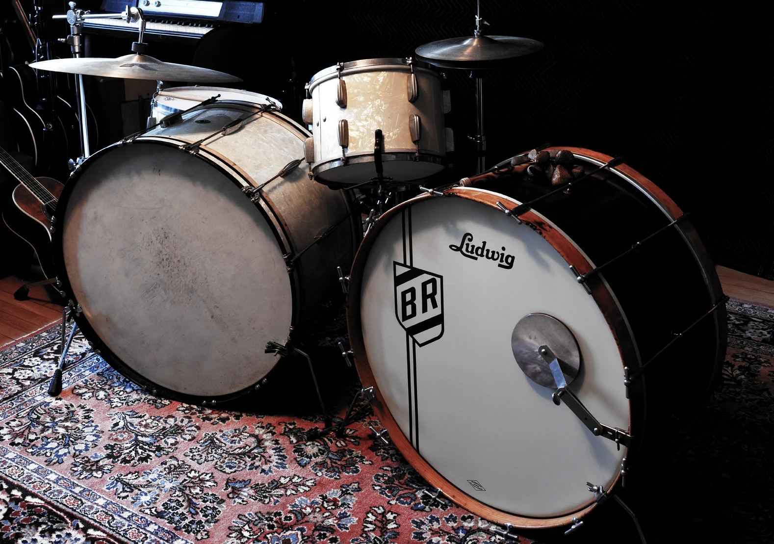 1930's/40's Slingerland Radio King drums (left) and 1920"s Ludwig bass drum (right)