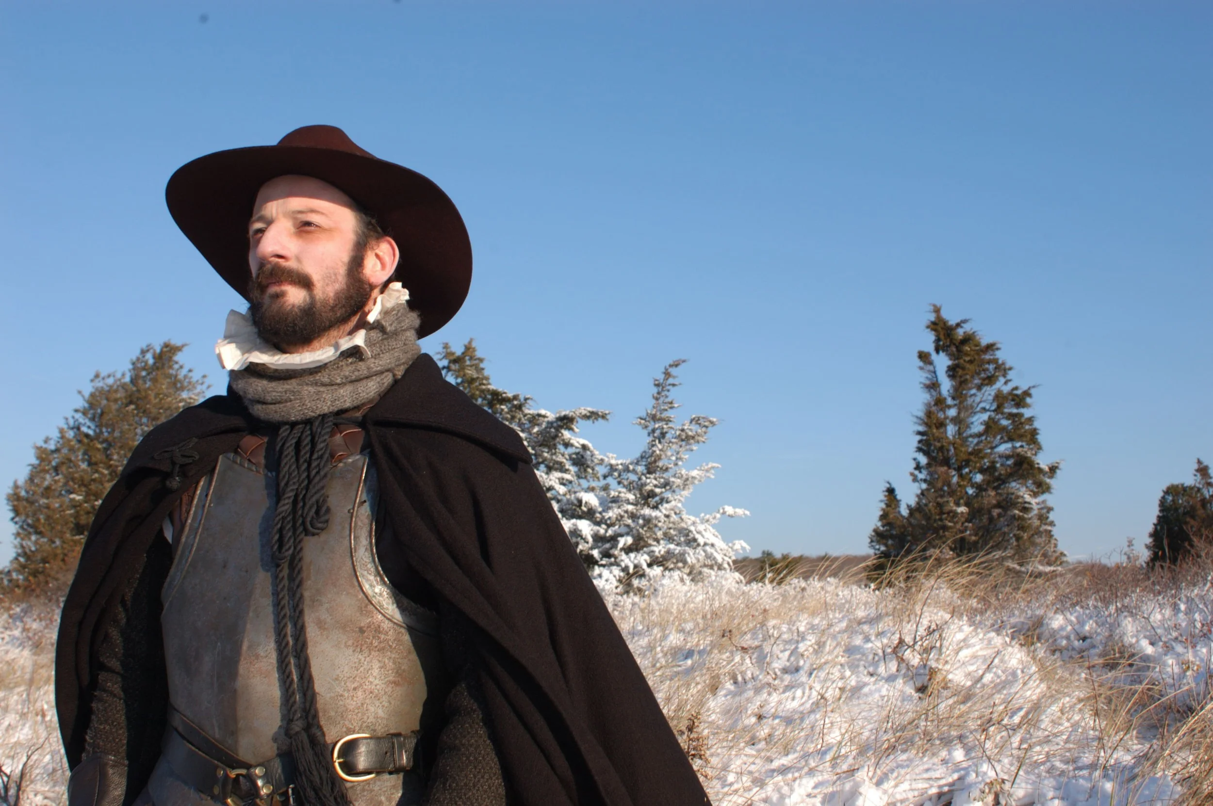 Christopher Martin exploring on Cape Cod in December 1621, as portrayed on the History Channel's "Desperate Crossing." Promotional image courtesy of Lone Wolf Documentary Group.