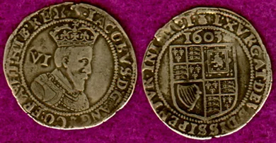 Silver King James shillings, dated 1603. This is the type of money the investors in the Plymouth joint-stock company were hoping to earn! A single share of Plymouth company stock would have cost 200 of these shillings. More likely they would have paid for shares using 10 gold Unite coins instead (below).