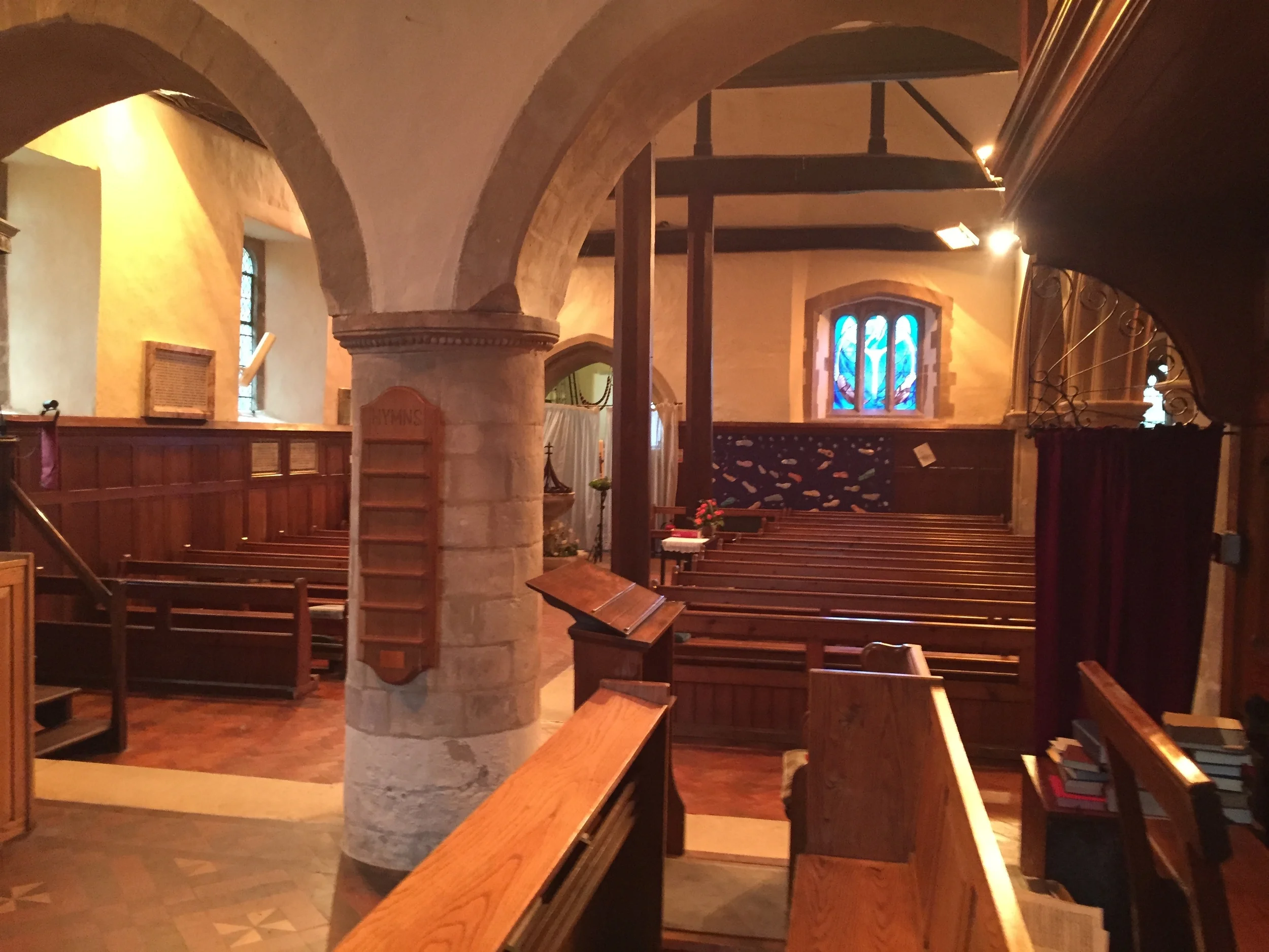 The interior of the church at Upper Clatford, Hampshire, where Stephen Hopkins was baptized in 1581.