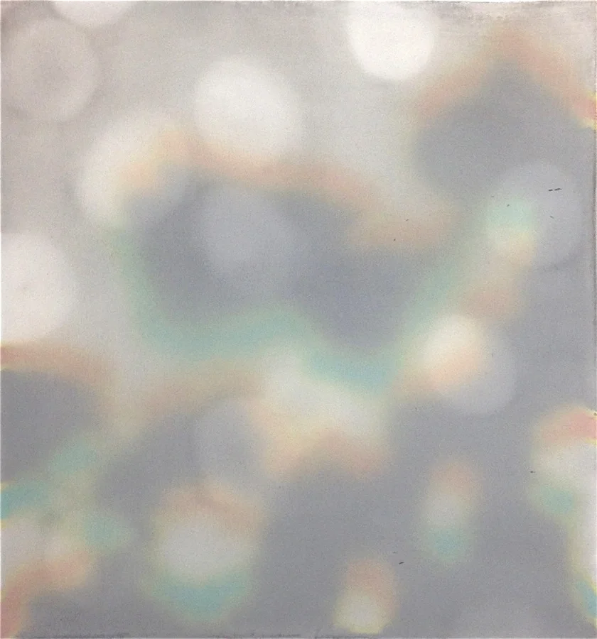 Double Back 16" x 15", 2015 Oil, acrylic, and gouache on paper and polyester mesh