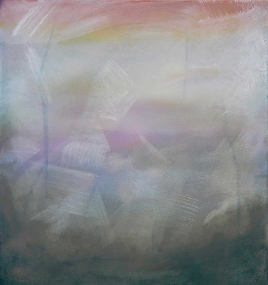 View 16"x 15", 2017 Oil, acrylic, and gouache on paper and polyester mesh