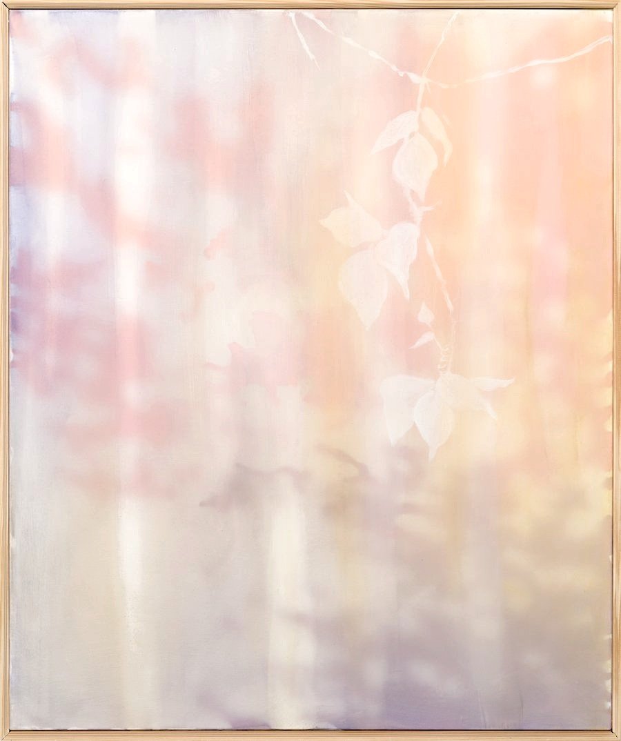 Tendril 30"x 25”, 2021 Oil, acrylic, and gouache on paper, tyvek and polyester mesh