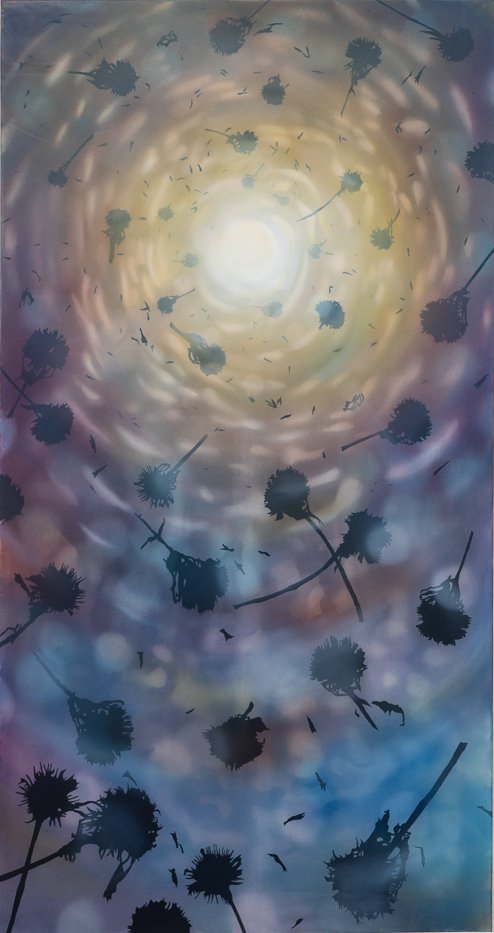 Pool V 60” x 32”, 2022 Oil, acrylic, and gouache on paper, tyvek and polyester mesh
