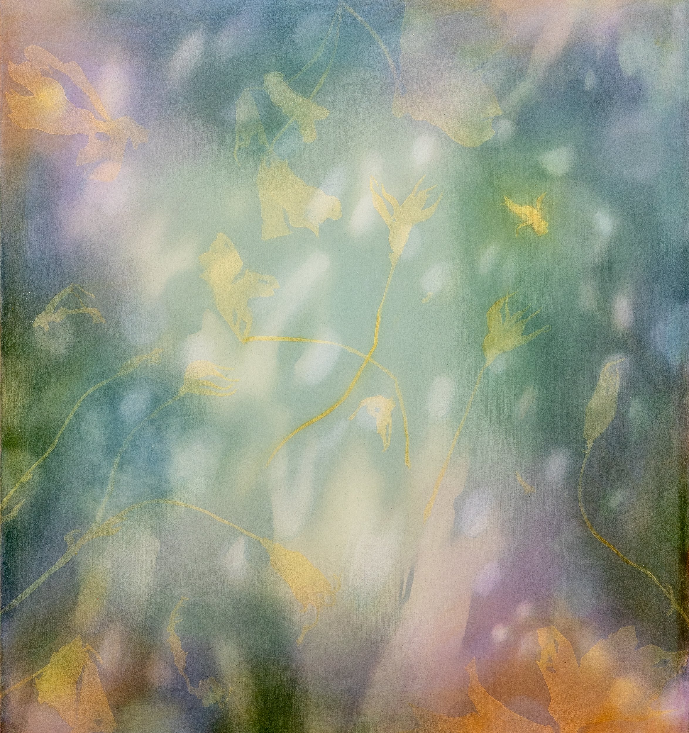 Garden Dust 22” x 20”, 2022 Oil, acrylic, and gouache on paper, tyvek and polyester mesh