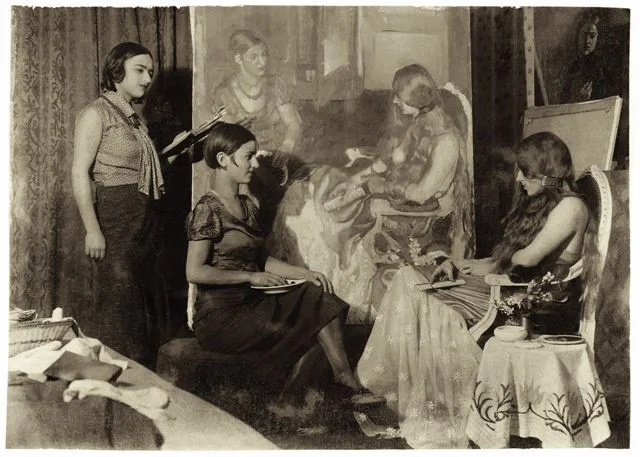 Amrita Sher-gil, left, and her models for Young Girls , 1932.